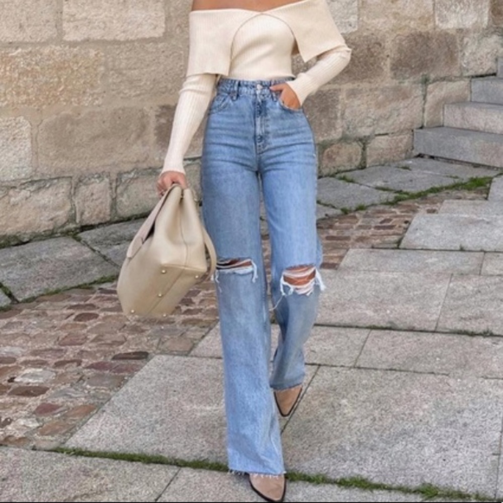 ZARA WIDE LEG FULL LENGTH RIPPED JEANS